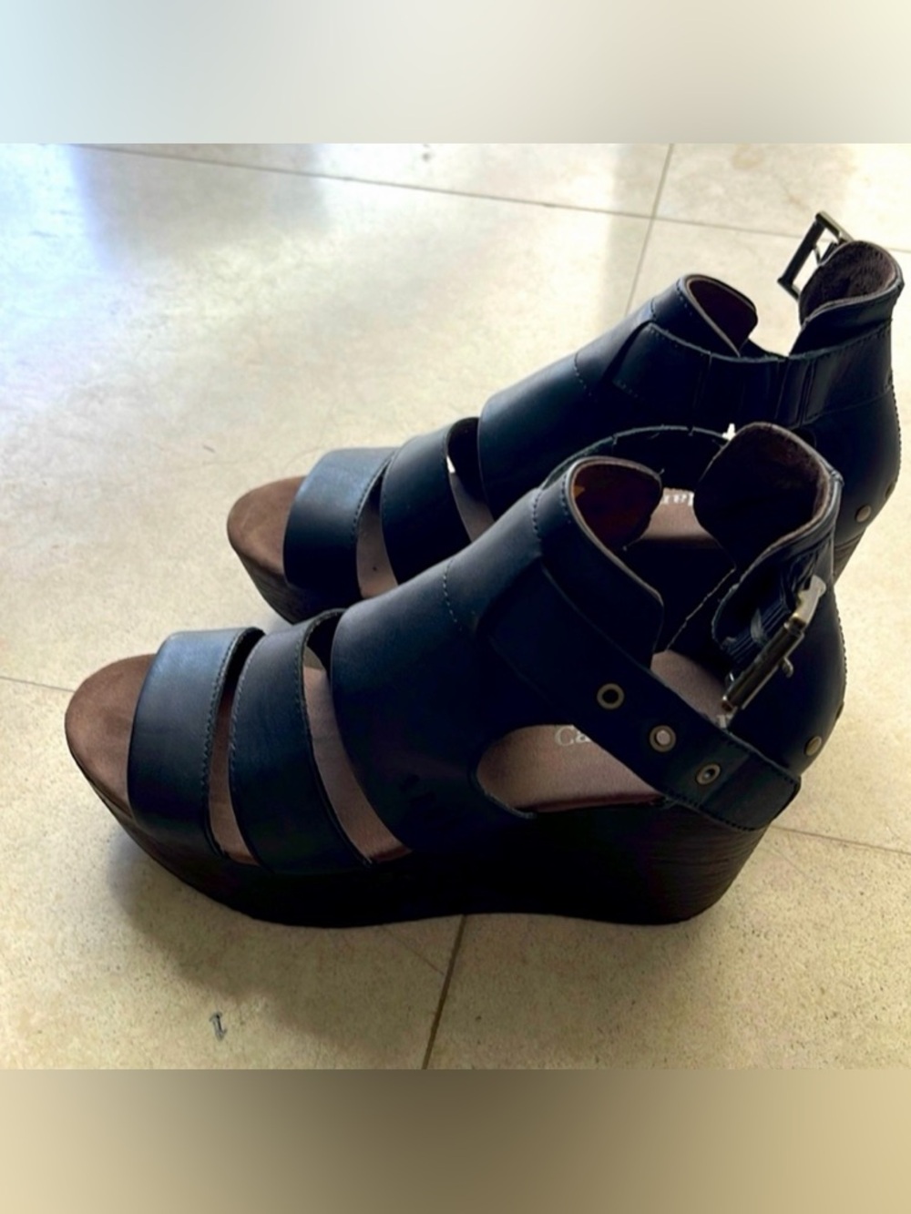 Caterpillar Black Strappy Wedge Sandals